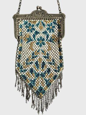 Antique 1920s Mandalian Enameled Mesh Flapper Handbag Purse